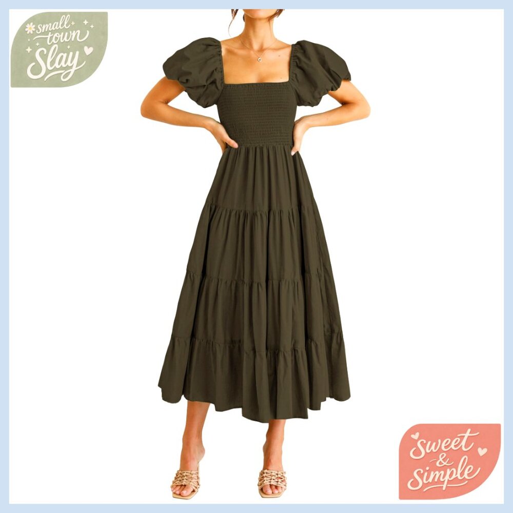 Women's Casual Midi Dress Puffy Sleeve Square Neck Smocked Tiered Ruffle